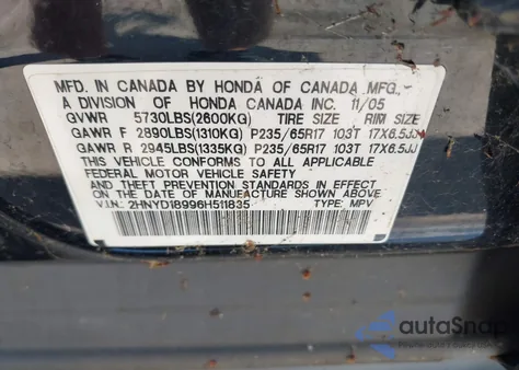 2006 Acura Mdx из США, поврежденный, VIN 2HNYD18996H511835